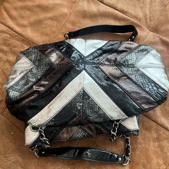 Large purse retro vintage striped tote black silver chain - Picture 2 of 5